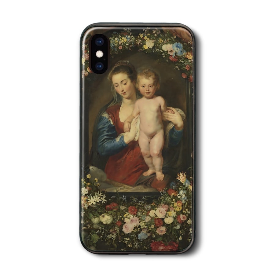 iPhone17 ケース ガラスケース アイフォン ピーテル パウル ルーベンス 花輪の中の聖母マリア iPhone12 ケース 絵画 個性的 ソフトケース 保護 携帯カバー プレゼント iPhone15 iPhone16
