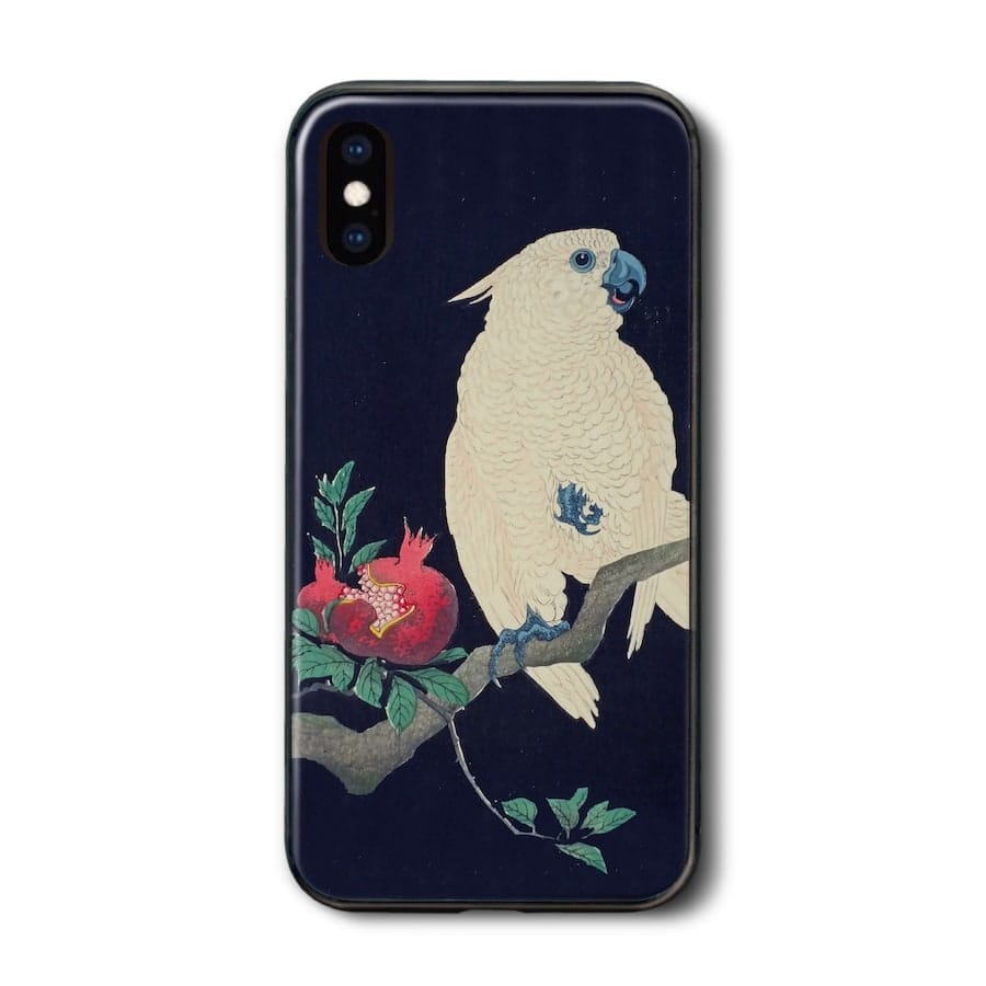iPhone12mini iPhone7 iPhone13mini ケース 背面ガラスケース 小原古邨 ザクロにオウム ケース 人気 絵画 丈夫 アイフォン 絵画グッズ docomo 耐衝撃 iPhone15 15Plus