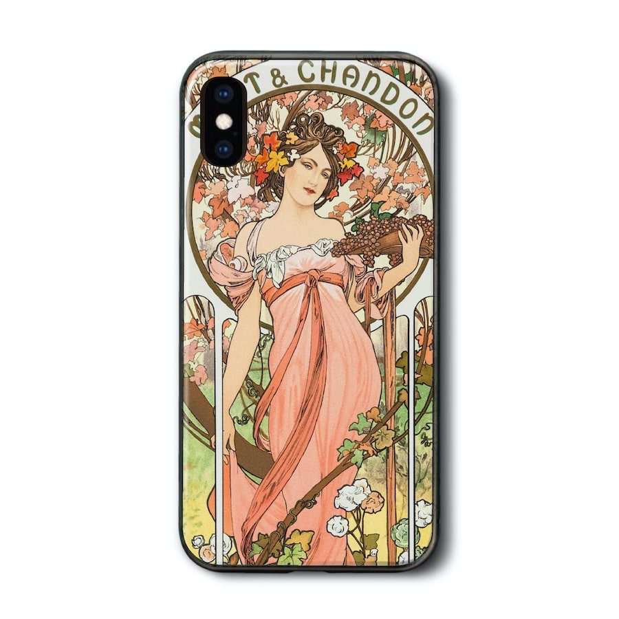 iPhoneSE3 iPhone15 iPhone17e 背面ガラスケース アルフォンス ミュシャ モエ エ シャンドン iPhone8 ケース レトロ 人気 絵画 iPhoneSE3 第三世代 プレゼント iPhone12 iPhone16