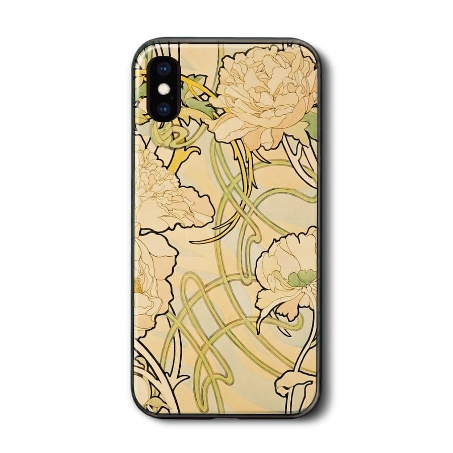 iPhoneSE3 iPhone15 iPhone17e 背面ガラスケース アルフォンス ミュシャ 牡丹 iPhone8 ケース レトロ 人気 絵画 iPhoneSE3 第三世代 プレゼント iPhone12 iPhone16
