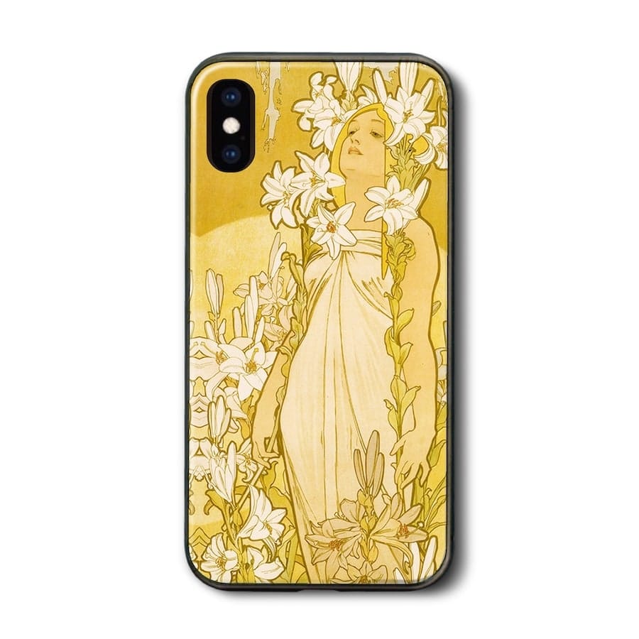 iPhone12 iPhone12Pro ケース 背面ガラスケース アルフォンス ミュシャ 四つの花 ユリ 多機種対応 ケース ガラスケース 個性的 iPhoneSE3 第三世代 プレゼント iPhone16