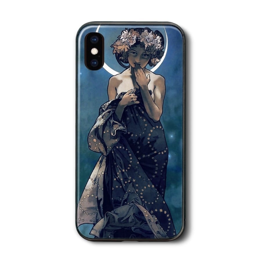 iPhone12 iPhone12Pro ケース 背面ガラスケース アルフォンス ミュシャ 四つの星 月 多機種対応 ケース ガラスケース 個性的 iPhoneSE3 第三世代 プレゼント iPhone16