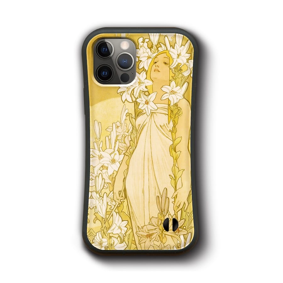 iPhoneXR ケース iPhone15Pro iPhone12 iPhoneSE 第二世代 アルフォンス ミュシャ 四つの花 ユリ ケース 人気 絵画 SE第三世代 丈夫 アイフォン 絵画グッズ docomo あいほん