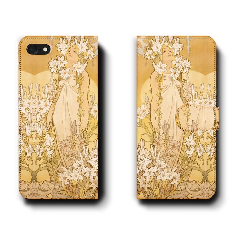 スマホケース手帳型 全機種対応 アルフォンス ミュシャ 四つの花 ユリ 1897 iPhone14Pro ケース iPhone15 iPhone12mini 絵画 人気 あいふぉん iPhone7 iPhone8 IPhone16e