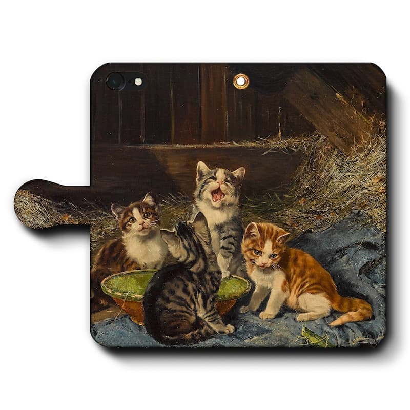 スマホケース手帳型 全機種対応 ジュリアス アダム 納屋の中の四匹の猫とバッタ iPhone15Pro iPhone12 ケース スマホカバー iPhone11Pro Xperia 名画 名作 絵画 レトロ iPhone16