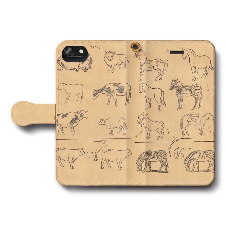 スマホケース手帳型 全機種対応 略画事典 うま シマウマ ロバ うし iPhone15Pro iPhone13mini 絵画 人気 あいふぉん iPhone14 iPhone12mini iPhone12Pro iPhone16