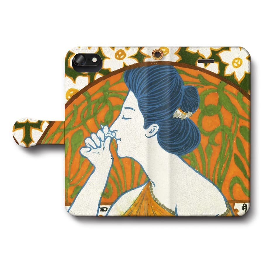 スマホケース手帳型 全機種対応 橋口五葉 花の香をかぐ女 絵はがき iPhone8 ケース iPhone12mini あいふぉん 絵画 人気 IPhoneSE第三世代 SE3 iPhone13 iPhone16