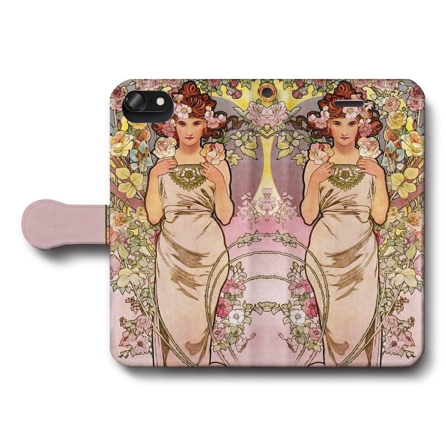 スマホケース手帳型 全機種対応 アルフォンス ミュシャ 四つの花 バラ iPhone16e IPhone17e GalaxyS25 AquosSense9 iPhone12 IPhone13Pro iPhoneSE3 第三世代 Xperia10lV