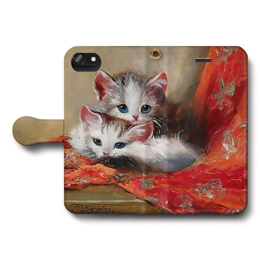 スマホケース手帳型 全機種対応 Meta Pluckebaum レッドドレープ 2匹の子猫 iPhone15Pro iPhone13mini 絵画 人気 あいふぉん iPhone17 iPhone12mini iPhone12Pro iPhone16