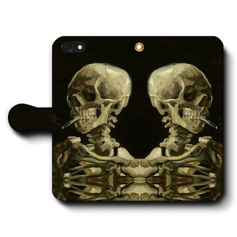 スマホケース手帳型 全機種対応 フィンセント ファン ゴッホ 火の付いたタバコをくわえた骸骨 iPhone15Pro iPhone12 ケース スマホカバー iPhone11Pro Xperia 名画 名作 絵画 レトロ iPhone16