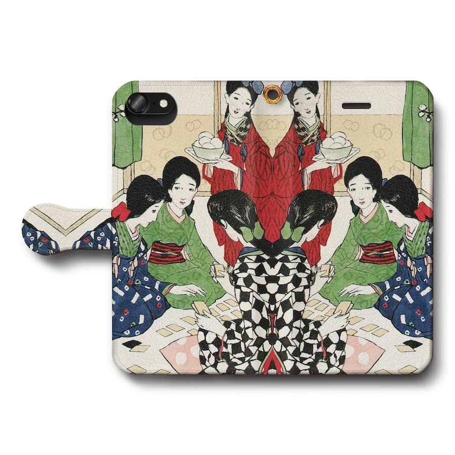 スマホケース手帳型 全機種対応 竹久夢二 かるた会 iPhone12Pro iPhone16Pro iPhone8 iPhone7 iPhoneSE第三世代 Galaxy Xperia 名画 絵画 iPhone13