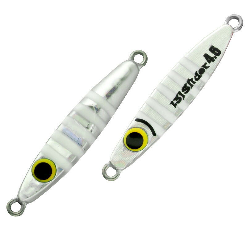 仕様／規格●サイズ：4.5g●全長：32mm●カラー:＃08　グローゼブラサイズ4.5gカラー#08 グローゼブラ商品説明●近距離やナイトゲーム対応のウエイト設定です。●港湾部のナイトメバリングではフロントヘビーセッティングでの揺らぎテンションフォールが効果的です。スローなただ巻きからそのままテンションフォールさせます。この際にもっとも重要なのは「ジグヘッド＋ワーム」だと思って操作する事です。本流のボトムを狙う時も非常に有効です。思い切ってアップに打ち込み、ボトムをチョンチョンと小突きながら手前に寄せてきます。アジがフィッシュライクになってライズがある時などはこのジグの出番です。リアヘビーセッティングで着水後すぐシェイキングしながらのリトリーブや、中層ではピッチの狭いトゥイッチ＆フリーフォールで攻めます。またボトムの釣りではジャークからのフリーフォールが有効で、ワーミングを遥かに凌ぐ事もしばしばあります。商品属性●魚種:[ アジ ]●カラー:[ シルバー系 ]●ルアーの種類:[ メタルジグ ]特集区分●フィッシング特定商品（ルアー）●フィッシング特定商品（ライン・ルアー）02関連ワード●釣り具 釣具 つり具ジャンル識別情報：/g1007/g213/g307/m761/※納期表示のご説明はこちら
