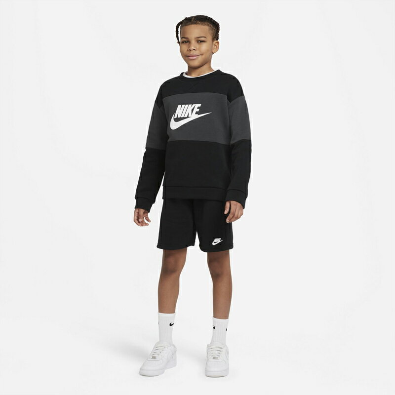 NIKE(ナイキ) スウェット上下セット NSWクルー ショートトラックスーツ ジュニア キッズ 子供 140 (010)ブラック×ダークスモークグレー×ホワイト NJP-DO6789-010