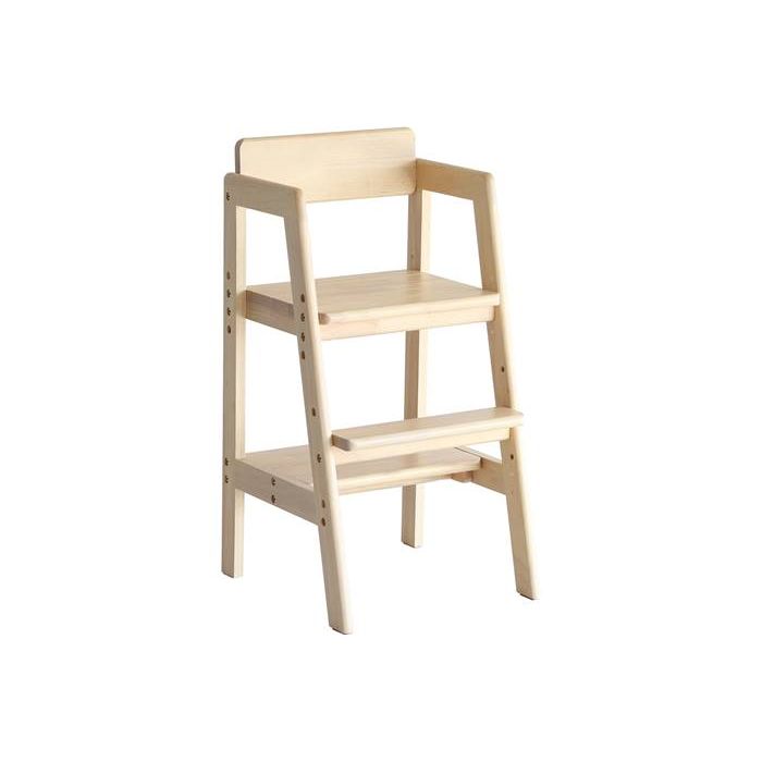 組み替えることでステップとしても使用ができるキッズハイチェアー「stair」。座面と足置きは3段階で高さ調整ができます。木座のため、汚れてもふき取りやすい仕様です。パーツを組み替えることで、ステップとしての使用ができるため、ロングライフに対応しています。Kids High Chair -stair- / ILC-3340NA■商品情報■■商品サイズ：W370 × D415 × H735 × SH520/490/460(mm)■塗装方法：ラッカー塗装■材質：天然木(ラバーウッド材)■商品重量：6.4kg■耐荷重：座面_80kg■仕様：組立品※画像には別カラー・別サイズの写真を使用している場合がございます。※サイズ・重量などの表記はすべておおよそとなります。