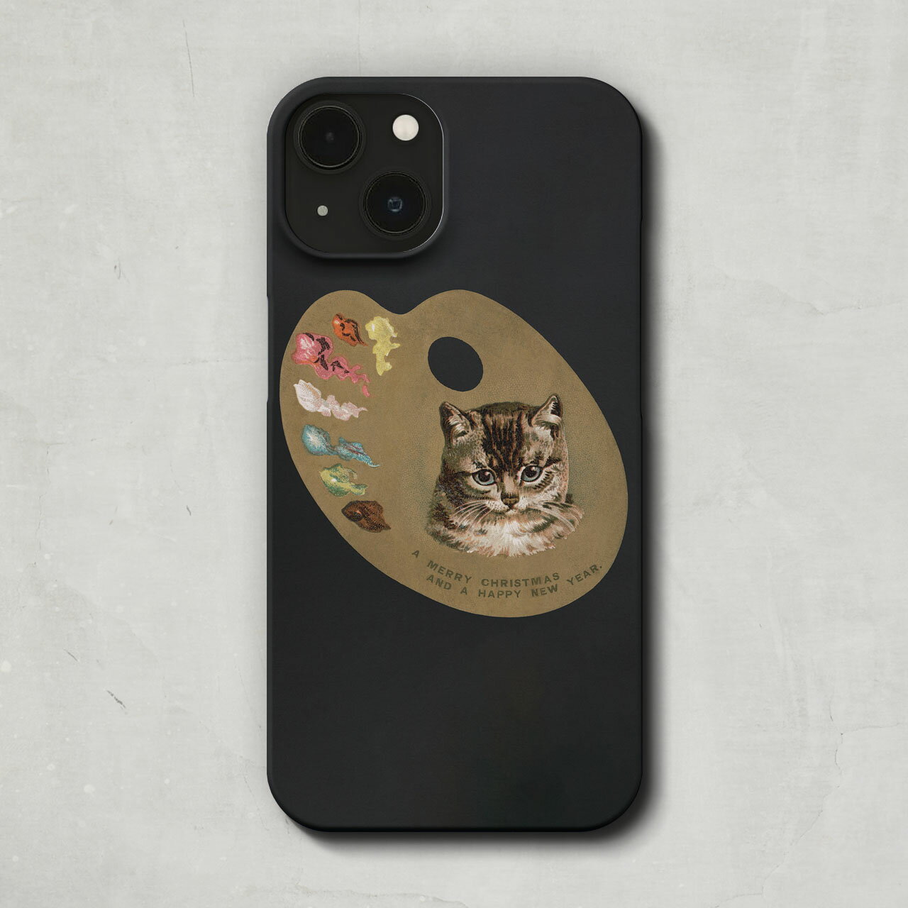 スマホケース / 「 メリークリスマス & ハッピーニューイヤー (1880)」 iPhone 全機種対応 14 13 12 11 SE Pro Max Plus mini ケース カバー クリスマス Xmas 猫 ねこ キャット 絵の具 パレット かわいい 正月 絵画 アート レトロ マット ペア 個性的 おもしろのサムネイル