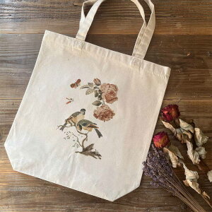 トートバッグ / ヨハン テイラー「アオガラとヨーロッパシジュウカラ」 カバン キャンバス 帆布 小鳥 鳥 野鳥 動物 アニマル 花 かわいい 絵画 アート レトロ マット ペア 個性的 おもしろ