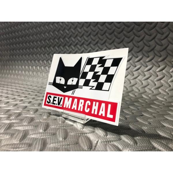 栃木発★ マーシャル SEV MARCHAL 正規品 ステッカー フラッグ 赤 大 100mm × 76mm 黒 白 猫 検) 耐候 野外 使用可 フェンダー ロケット カウル ガラス スクリーン Marchal シビエ ルーカス ロゴ CIBIE デカール シール Bosozoku style Kaido racer