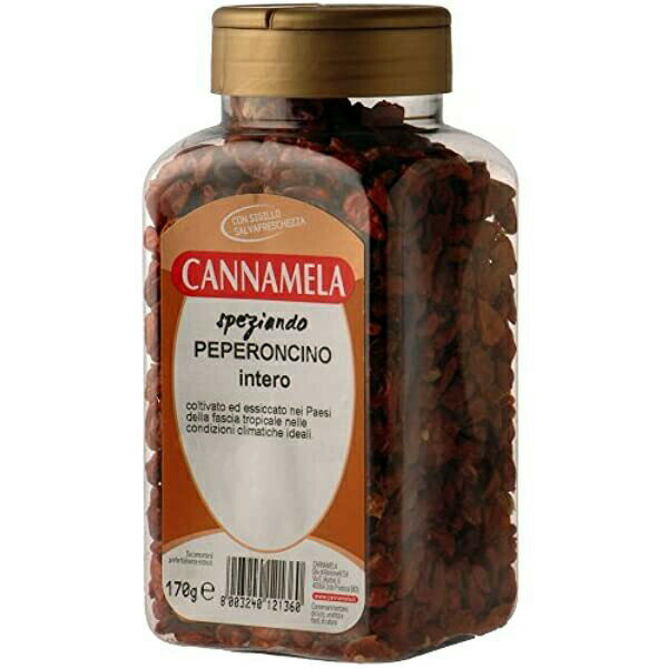 【カンナメーラ】 1956年にボローニャで創業したカンナメーラ社。現在はスパイスやハーブの市場でリーダー的ブランドです。 「ペペロンチーノ インテーロ」 赤みを帯びたオレンジ色から濃い赤色のキダチトウガラシ属のトウガラシ。 唐辛子に自然に含まれるカプサイシンが、唐辛子に特有の辛みを与えます。 小指の先ほどの小ささの、すっきりした辛さが特徴。イタリア料理に欠かせない香辛料です。 品種名：バーズ・アイ ※商品の性質上、植物由来の葉や茎などが混じっている場合があります。予めご了承ください。 名称乾燥赤トウガラシ内容量170g原材料赤トウガラシ賞味期限裏ラベルに記載保存方法高温多湿、直射日光を避け常温保存販売業者株式会社シバタ444-0924愛知県岡崎市八帖北町22番地5製造場所イタリア原産国名ケニア、マラウィ、ウガンダ、ナイジェリア輸入者フードライナー商品区分食品[ct_f_43]