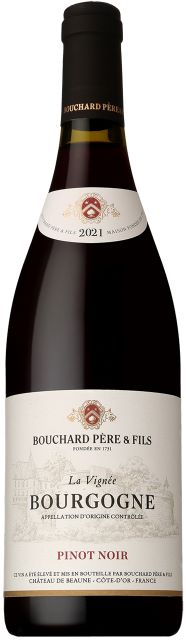 オーナー一家のアンリオ一族は『それぞれの畑の個性が反映されたワインこそ理想のワインである』という信念のもと、高品質のラインナップを世に送り出しています。 ブシャール・ペール・エ・フィスによるブルゴーニュ・ピノノワール“ラ・ヴィニェ”は、小さな赤い果実の香りが口いっぱいに広がるチャーミングな赤ワイン。 醸造は一部がステンレス製発酵槽、一部がフレンチオークの小樽発酵で軽やかな果実の風味をひかえめな樽香が心地よく引き立てる。 極旨ブルゴーニュ・ピノ・ノワール！ 内容量 750ml ブドウ品種 ピノ・ノワール100％ 保存方法 冷暗所にて保存 原産国名 フランス　ブルゴーニュ 輸入者 ファインズ [ct_w_21],[ct_w_30]