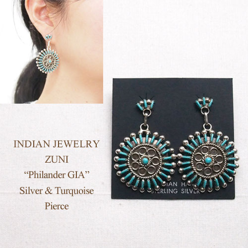 ピアス インディアンジュエリー ズニ "Philander GIA" シルバー ターコイズ ニードルポイント キャッチ ピアスINDIAN JEWELRY ZUNI EARRINGS