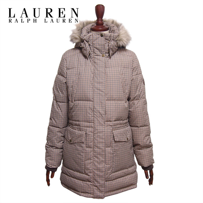 ラルフローレン ローレン レディース 中綿 ファー付き 千鳥柄 コート/ブラウンLAUREN Ralph Lauren