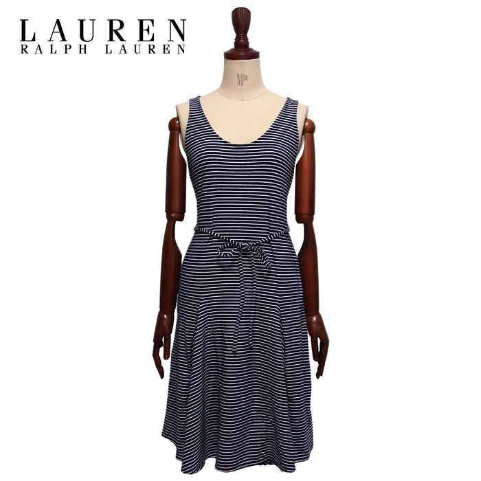 【SALE】【Lauren by Ralph Lauren】ラルフローレン　ローレン　ボーダー　コットン　ストレッチ　フレア　ワンピース/NAVY・WHITE【あす楽対応】