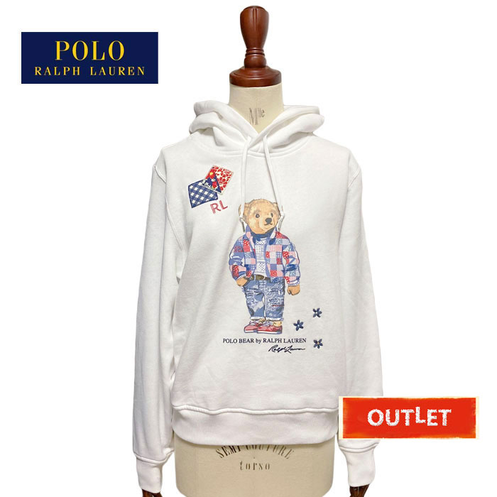 【難あり　アウトレット】ポロ ラルフローレン レディース パッチワーク ポロベアー プルオーバー パーカー/ホワイトPOLO Ralph Lauren POLOBEAR Sweat Hoodie