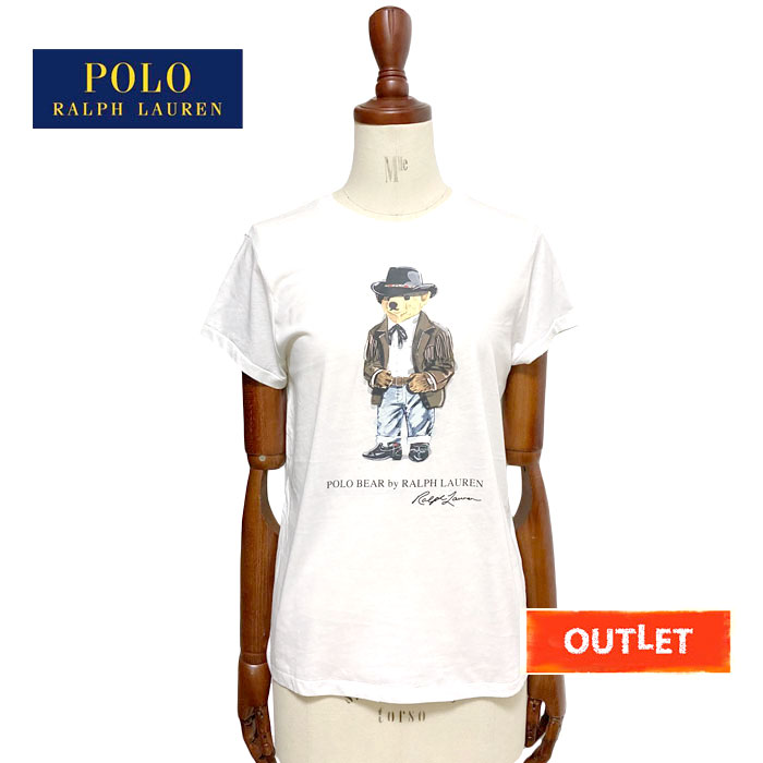 【難あり アウトレット】ポロ ラルフローレン レディース ウエスタン ポロベアー ダメージ加工 クルーネック Tシャツ/ホワイト