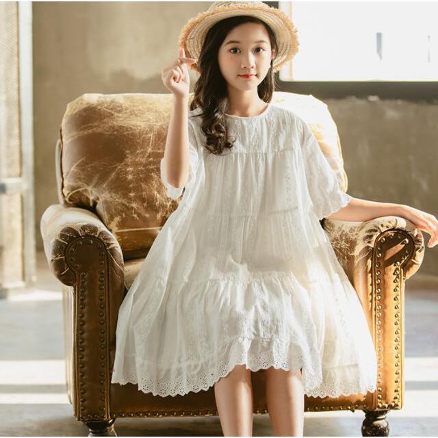 子供服 ワンピース キッズ 子供ドレス dress 子供服 ジュニア 女の子 夏 半袖 膝丈ワンピース 白 刺繍 綿 カジュアル おしゃれ 可愛い 通学着 通園...