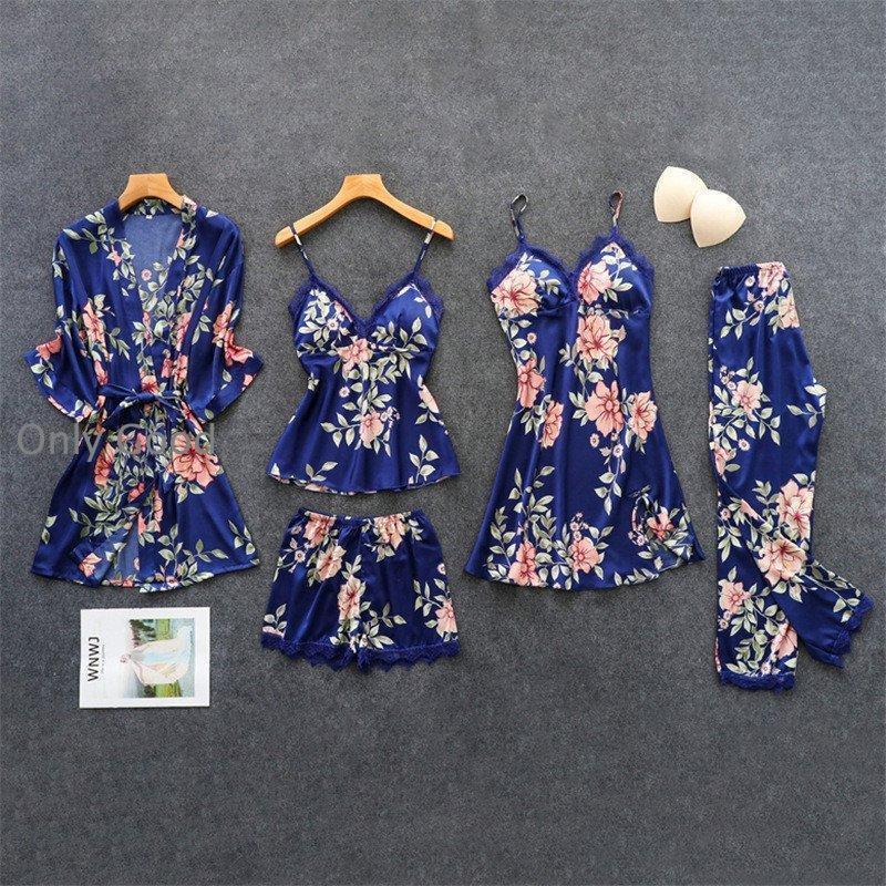 5 点レディースのステインシルクパジャマセットレディース花印刷パジャマ春夏スリングショーツホームウ..