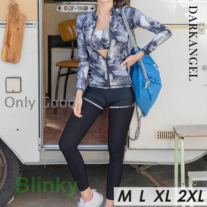 水着 レディース 体型カバー 5点セット ボタニカル 大人 20代 30代 40代 50代 露出控えめ 黒 M L XL 【..