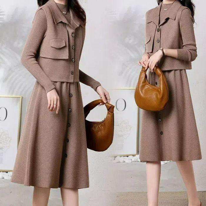 セットアップ レディース 秋冬 ワンピース 秋 冬 カーディガン ベスト きれいめ 2点セット 長袖 コート ニットワンピース ニットセット カジュアル 通勤 オシャ
