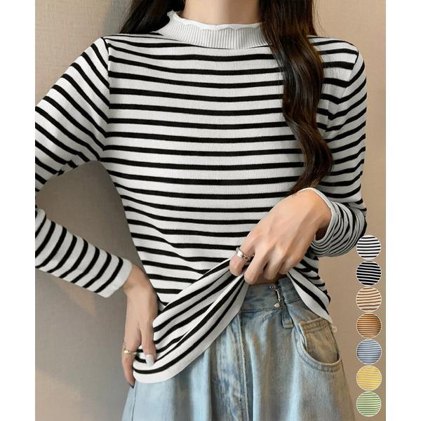 ボーダー柄ニットロールネックプルオーバー