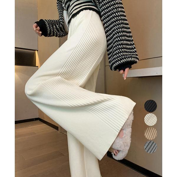 サイド縦ラインニットパンツ ワイドパンツ