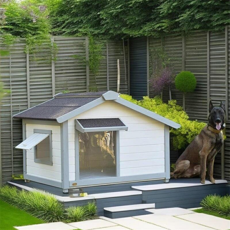 犬小屋 屋外用 木製キャビンスタイル 犬小屋シェルター 開閉可能な屋根 取り外し可能な底 窓 カーテン 足カバー付き 小型犬と中型犬用