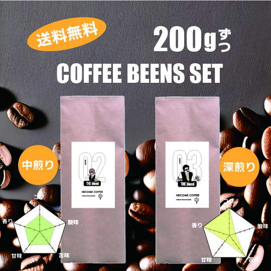 【送料無料】ポスト投函　ブレンド02・03の200ずつのお買い得コーヒーセット　オリジナルコーヒーブレンド　おいしいコーヒー　安心安全珈琲コーヒーは粉にするか豆のままかお選びください。