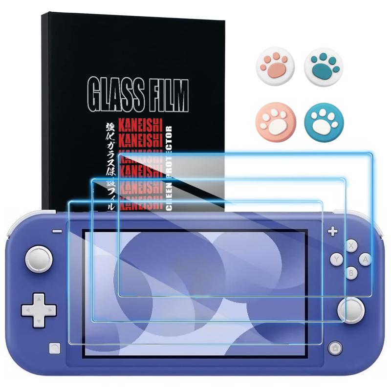 Kaneishi Nintendo Switch Lite 対応 ガラスフィルム 3枚セット 9H 強化ガラス 高透過率 貼りやすい 保護フィルム 貼り直し可能 任天堂 ニンテンドー スイッチ ライト用 親指キャップ 4個入り 日本語