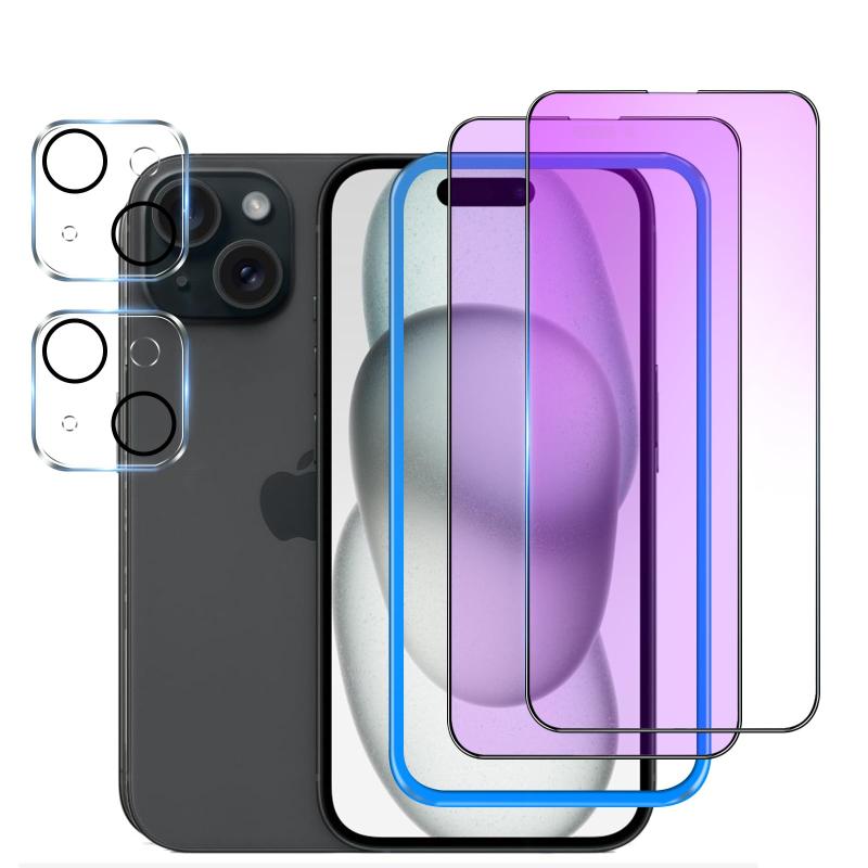 【ブルーライトカット 】 iPhone15 ガラスフィルム 【2枚】＋ iPhone15 カメラフィルム 【2枚】【ガイド枠付き】 液晶保護 フィルム ブルーライト 強化ガラス アイフォン15 （6.1インチ） 全面保