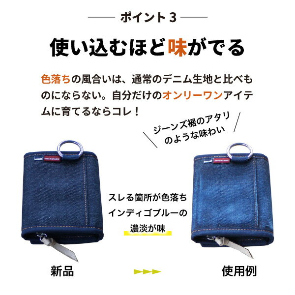 岡山デニム財布メンズレディース二つ折りコンパクト札入れファスナー小銭入れ大容量カラビナアウトドアウォレットカードケースコインケース