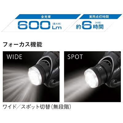 充電池・乾電池兼用LEDヘッドライト型式 ： LHL－600HB★最大 600Lm★実用点灯 約6時間（Hi）★ヘッド角度調整★防塵・防水 IP64★滑り止めヘッドベルト【 ロクゼロゼロ 】ハタヤ（HATAYA） needs-koko-store-10007292 ニコスト 金物 サンプル画像2