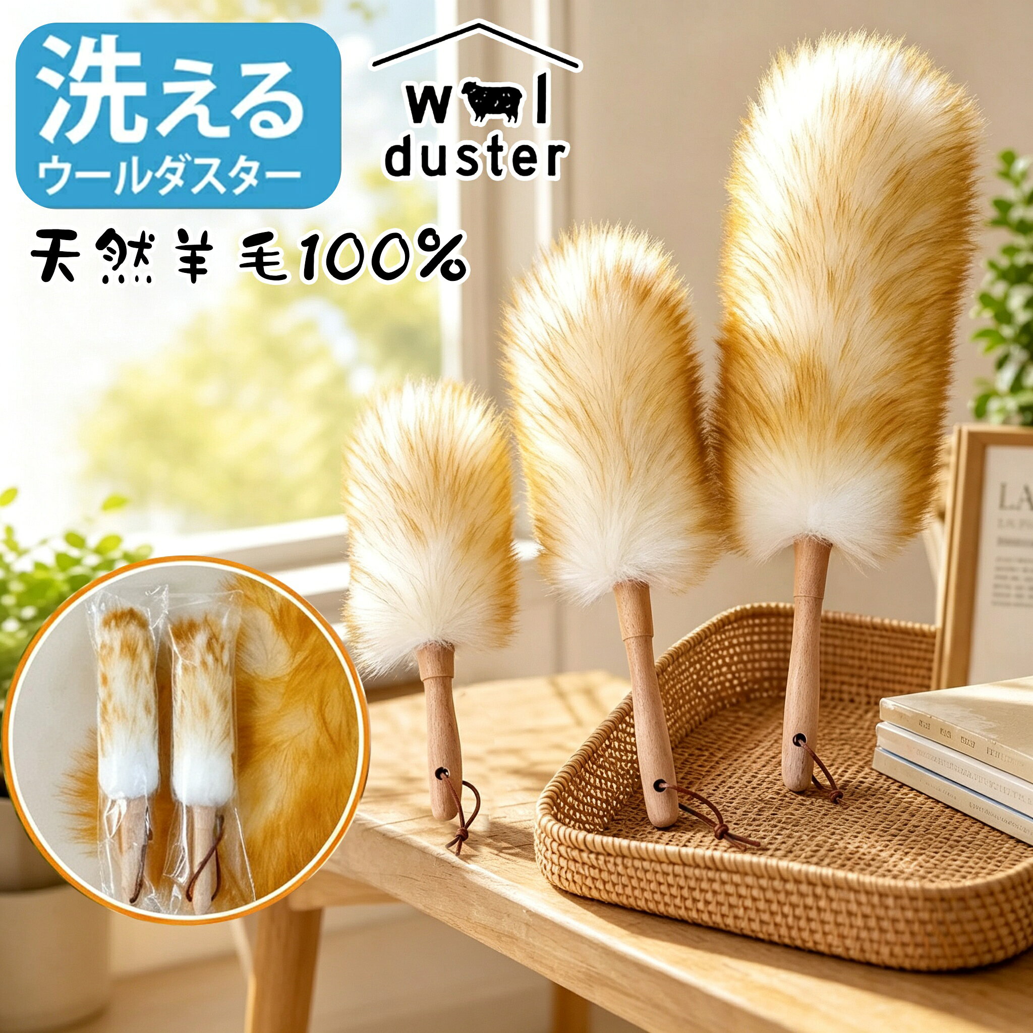 商品の説明 毎日の掃除の可愛くて強い味方 天然ウール100％のハンディ―ダスター Sサイズ。ウールは空気を閉じ込めて湿度を調整する繊維構造の為、ふわふわした弾力性がありホコリをよく絡めとる、ダスターには最適な素材です。摩擦もないからこんな風にお皿やカップの周りも大丈夫！ パソコンのキーボードやテレビのリモコンなど小さな隙間はもちろん、驚くほど軽いので、天井の照明のランプシェードやクロスの高い部分のホコリ取りもラクラクです。 高級感ある革紐をフックに引っ掛けておけば、使いたい時にいつでもすぐにお掃除できます。すぐに手の届く場所に置いておく。インテリアにもスッと馴染んでくれますよ。 素材 本体：天然羊毛 柄：天然木 生産国：中国 配送について 一時欠品の際は、ご注文頂いて7-10日の入荷となります。 直接仕入先からの発送する場合があります。 メーカー完売の際はご容赦ください。 万が一出荷が遅れる場合はメールでご連絡致します。