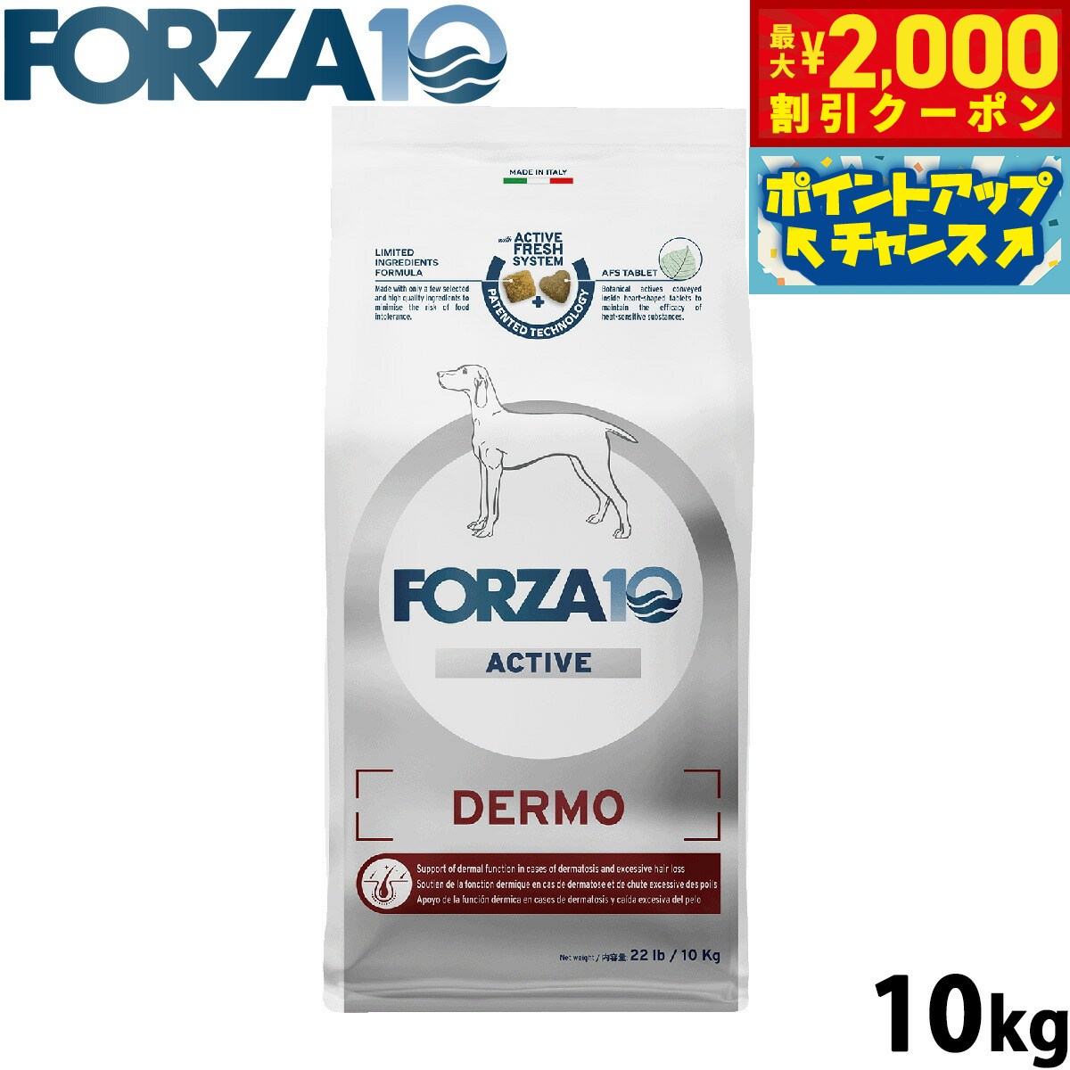 【最大2000円OFFクーポン！＆店内ポイント最大54倍！マラソン限定！】フォルツァ10 Forza10 ドッグフード デルモアクティブ ミディアム 皮膚 被毛ケア用食事療法食 10kg 無添加 成犬 高齢犬