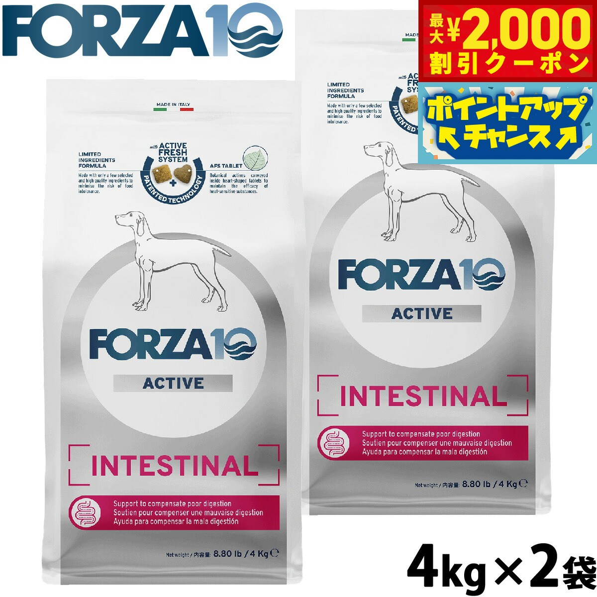 【最大2000円OFFクーポン！＆店内ポイント最大54倍！マラソン限定！】フォルツァ10 Forza10 ドッグフード インテスティナルアクティブ ミディアム 胃腸ケア用食事療法食 4kg×2袋 無添加 成犬 高齢犬