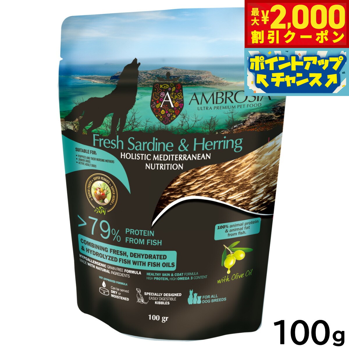 【2000円OFFクーポン！＆店内ポイント最大52倍！マラソン限定】アンブロシア AMBROSIA ドッグフード HMN サーディンヘリング 100g 無添加 穀物不使用 グレインフリー 地中海食