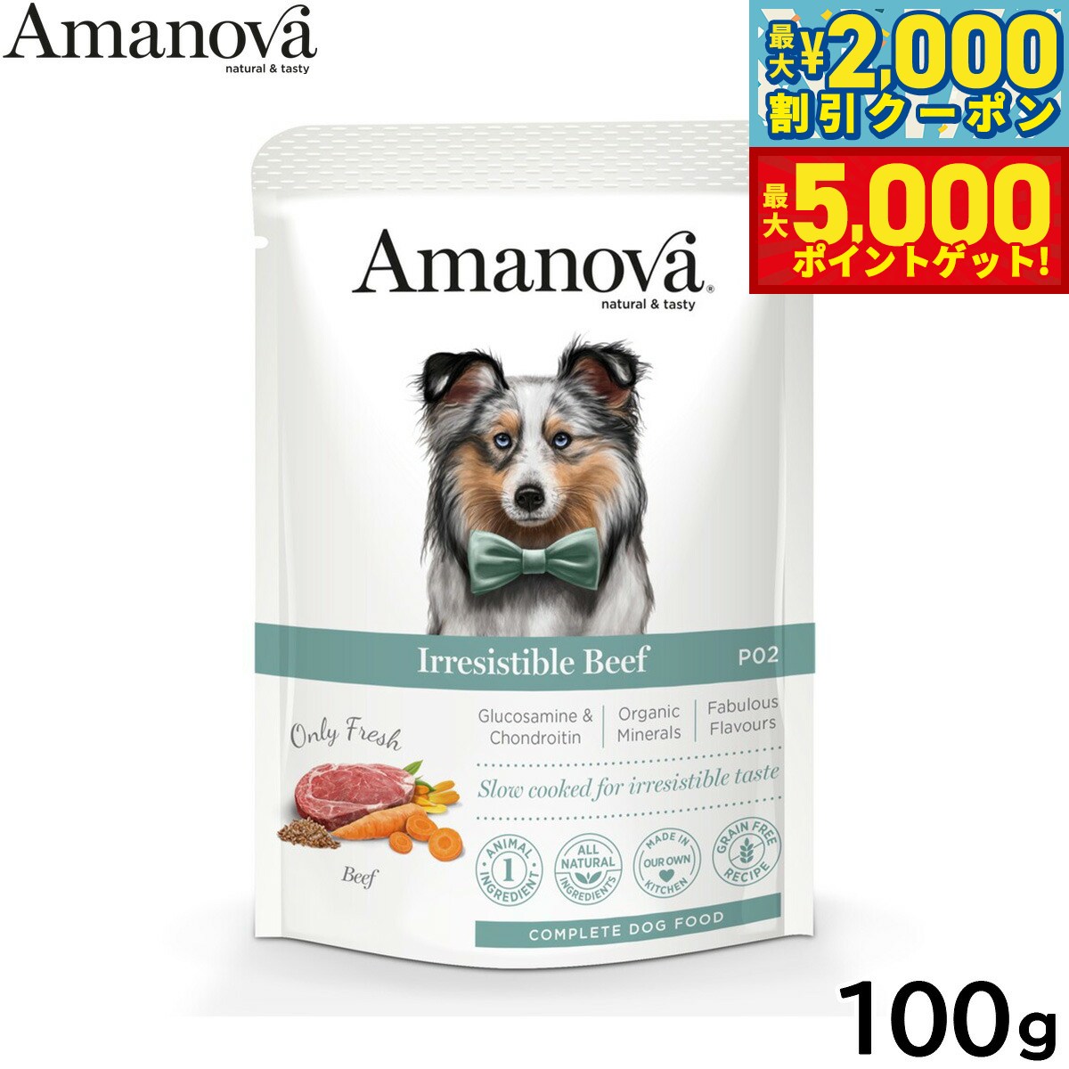 【最大2000円OFFクーポン＆ポイントさらに+5倍】アマノバ Amanova ドッグフード パウチ アダルト イレジスタブル ビーフ ウェットフード 成犬用 100g 無添加 ミール不使用