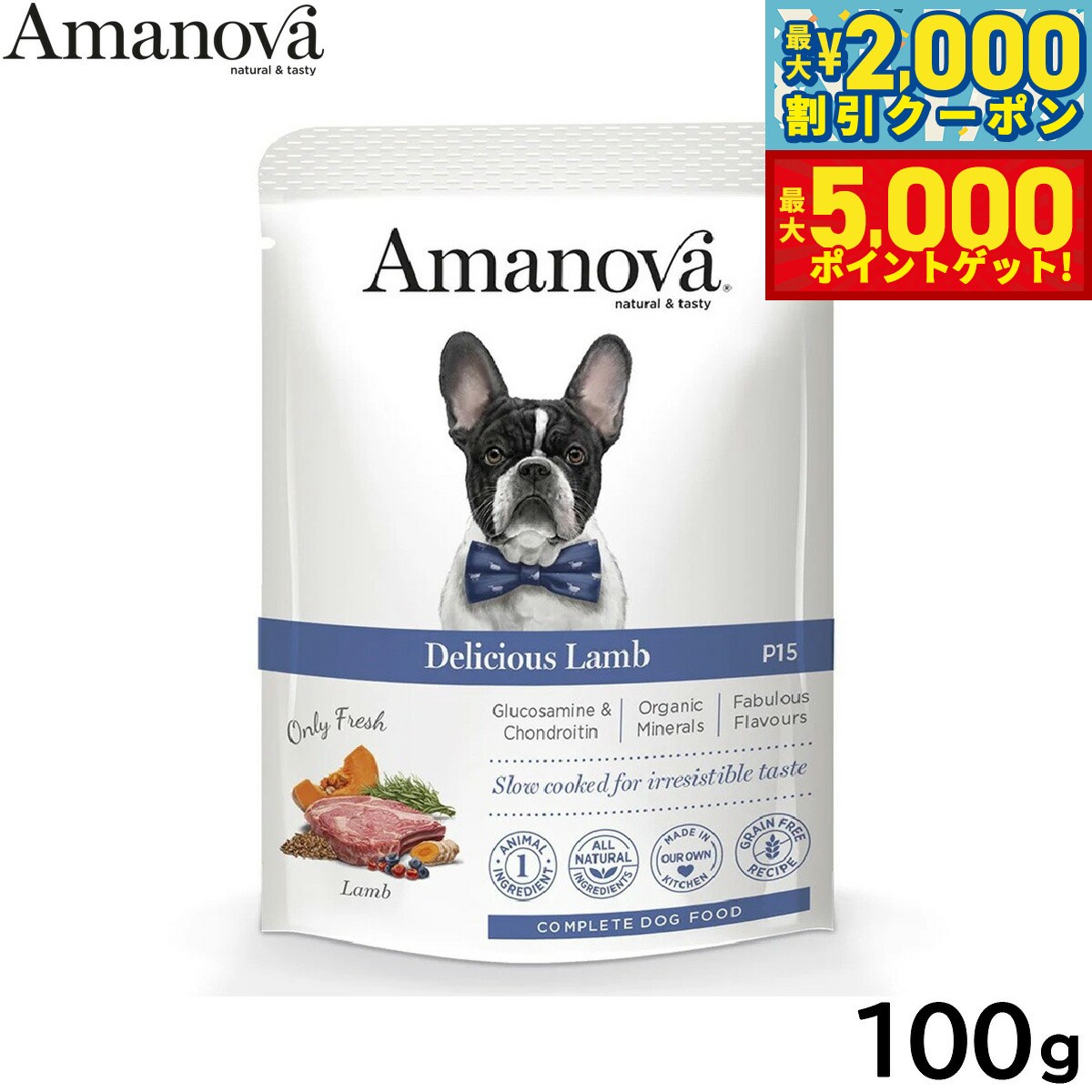 【最大2000円OFFクーポン＆ポイントさらに+5倍】アマノバ Amanova ドッグフード パウチ アダルト デリシャス ラム ウェットフード 成犬用 100g 無添加 ミール不使用