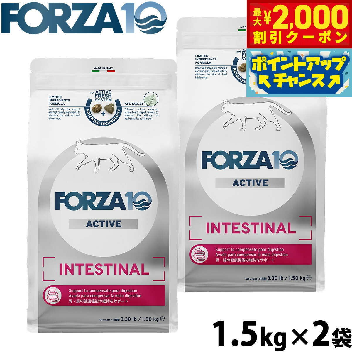 【2000円OFFクーポン！＆店内ポイント最大55倍！11月20日！】フォルツァ10 Forza10 キャットフード インテスティナルアクティブ 胃腸ケア用食事療法食 1.5kg×2袋 無添加 猫 全年齢用
