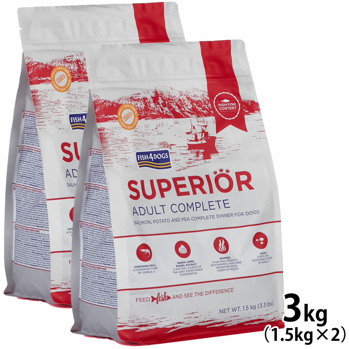 Premium - 【店内ポイント最大50倍！本日限定！】フィッシュ4ドッグ FISH 4 DOGS スーペリア アダルト 3kg（1.5kg×2）【送料無料】 無添加 ドッグフード 成犬用 グレインフリー 穀物不使用 魚