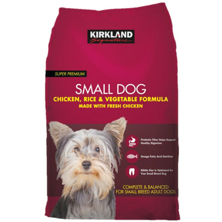 カークランドシグネチャー 小型成犬用 9kg Kirkland Signature Small Dog Adult Dry Food 9kg Chicken, Rice,Vegetable チキン、ライス、ベジタブル 小型成犬用総合栄養食 プレバイティクスが健康的な消化に貢献します。 オメガ脂肪酸 9.kg