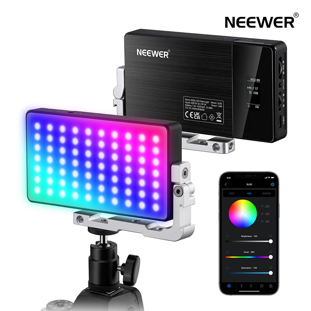 NEEWER SL90 RGBビデオライト 12W 4300mAh充電式バッテリー フルカラー 18ライトエフェクト 2500-10000K CRI97+ LEDカメラライト アルミ合金ボディ アプリと2.4Gコントロール付き YouTube/Vlog/写真に適用